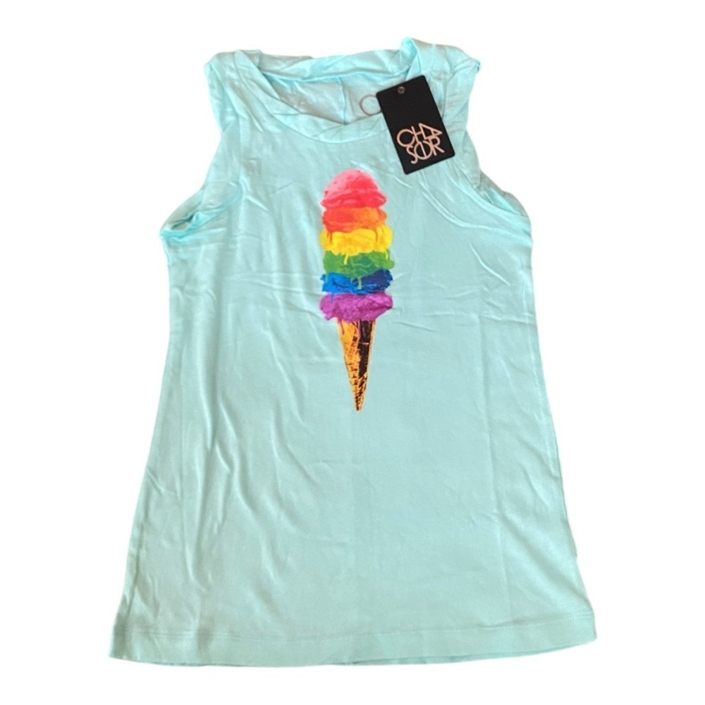 Chaser Every Scoop Mint Blue Tank Top Colorful Ice Cream Print NEW Graphic Tee